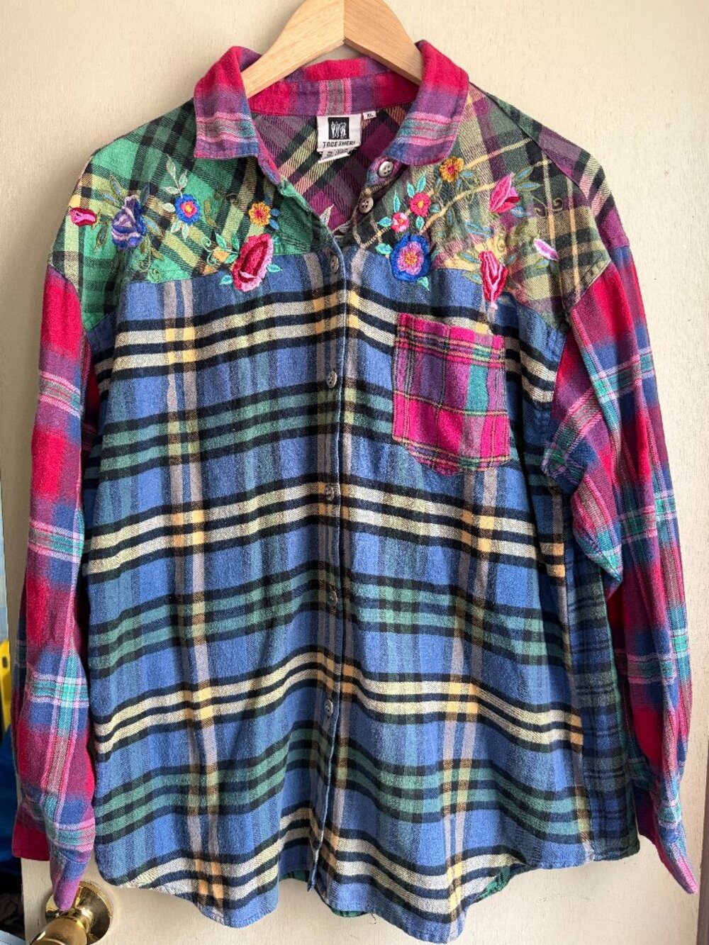 VTG 90s Together Patchwork Plaid Embroidered Flannel Shirt XL Grandmacore